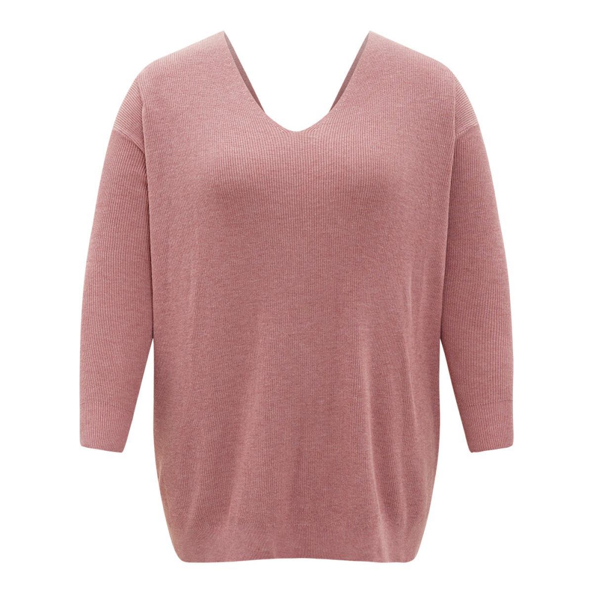 Plus Size Plain Twist Back Backless Pullover DustyPink Women Casual Loose Long Sleeve V-neck Dailywear Pullovers BloomChic 30/6X Product Image