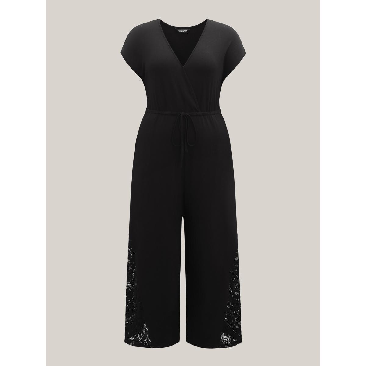 Plus Size Black Very Stretchy Lace Waist-Tie Jumpsuit Women Cap Sleeve V-neck Vacation Loose Jumpsuits BloomChic 30/6X Product Image