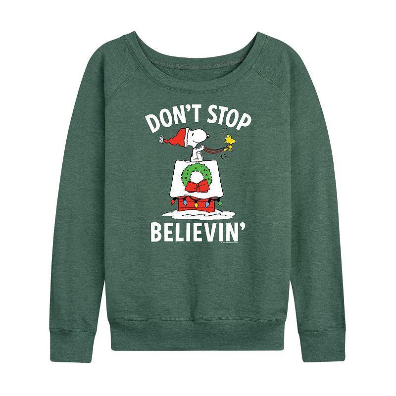 Womens Peanuts Believe Snoopy French Terry Long Sleeve Tee Grey Indigo Product Image