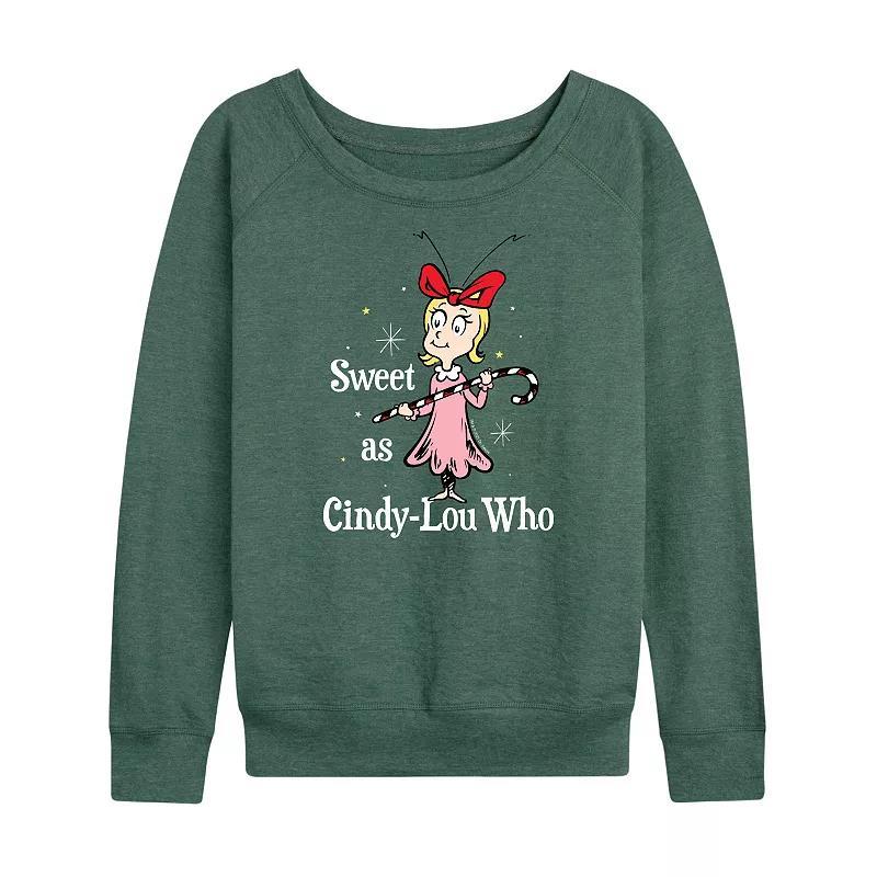 Womens Dr. Seuss The Grinch Cindy Lou Who French Terry Long Sleeve Tee, Girls Grey Green Product Image