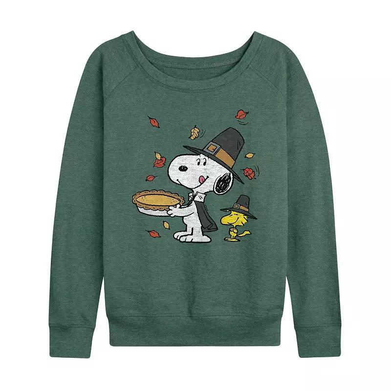 Plus Size Peanuts Snoopy & Woodstock Thanksgiving French Terry Long Sleeve Tee, Womens Grey Green Product Image