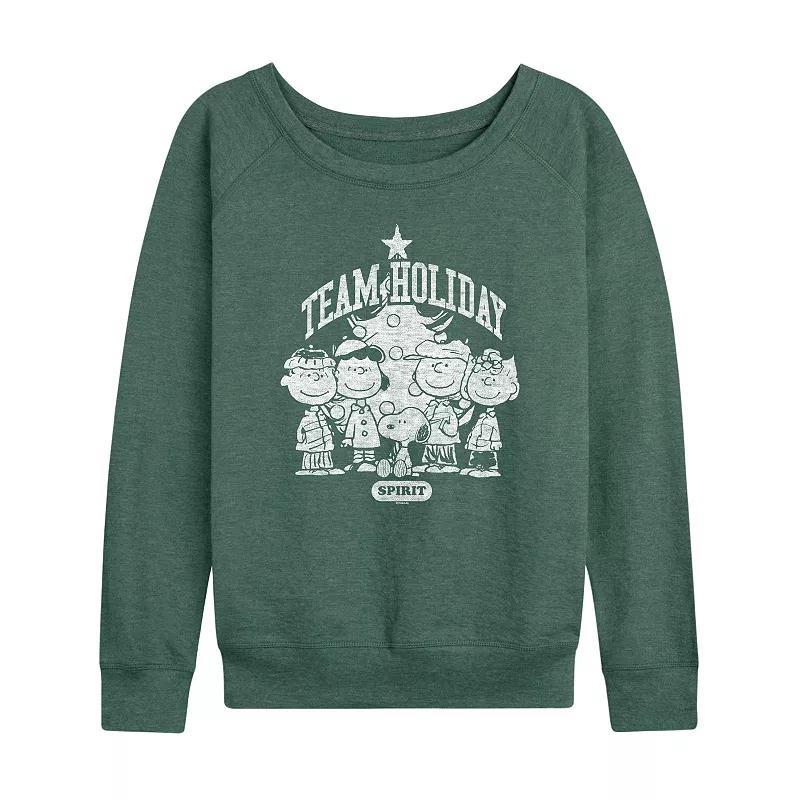 Womens Peanuts Team Holiday Spirit French Terry Long Sleeve Tee Grey Green Product Image