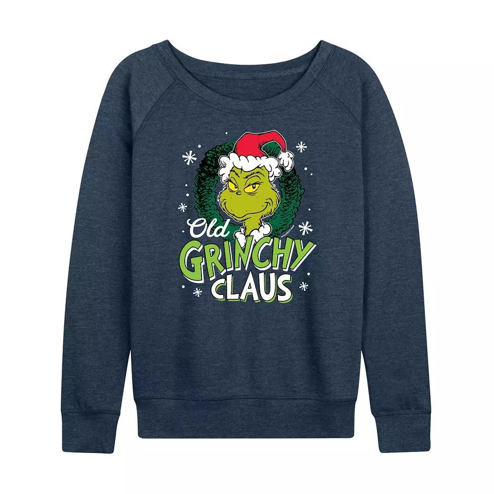Womens Dr. Seuss Old Grinchy Claus French Terry Long Sleeve Tee Grey Indigo Product Image