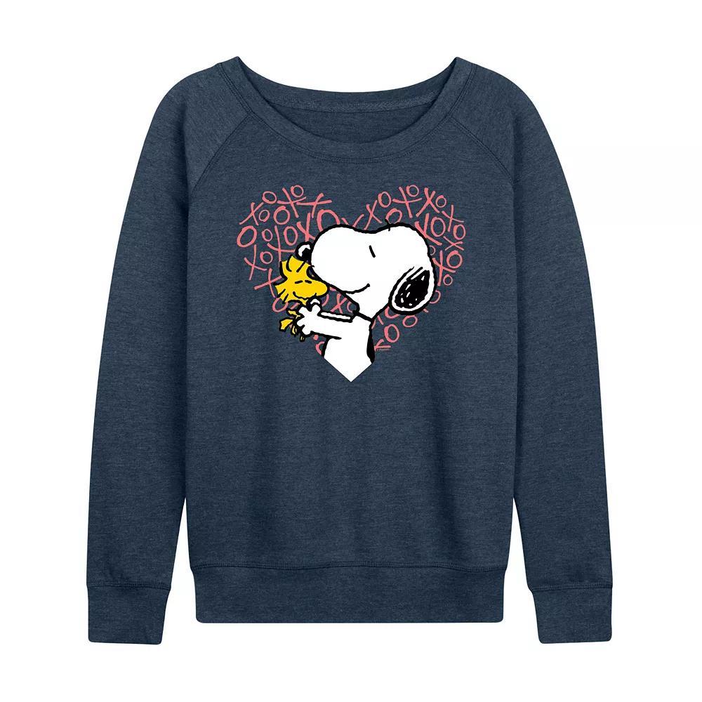 Womens Peanuts Snoopy & Woodstock XO Heart French Terry Long Sleeve Tee Grey Indigo Product Image