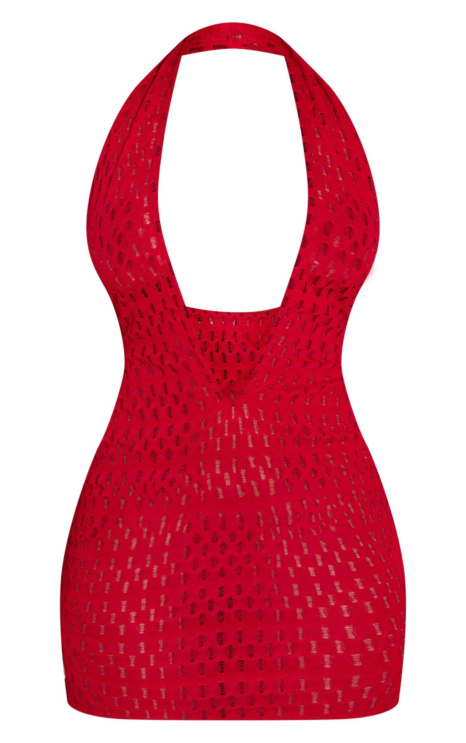 Shape Red Textured Halterneck Plunge Mini Dress Product Image