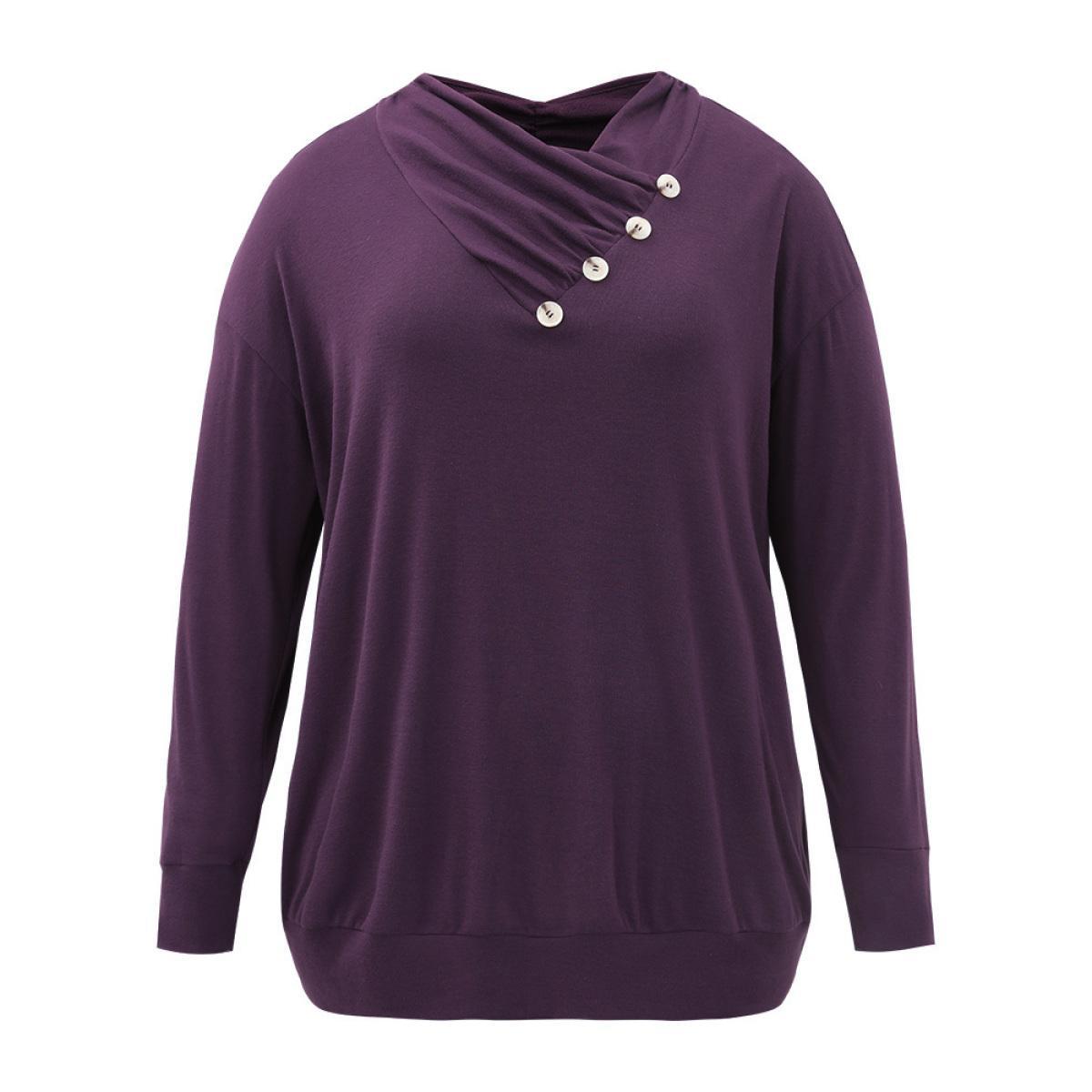 Plus Size Plain Cowl Neck Button Detail Sweatshirt Women Eggplant Casual Plain Overlap Collar Dailywear Sweatshirts BloomChic 28/5X Product Image