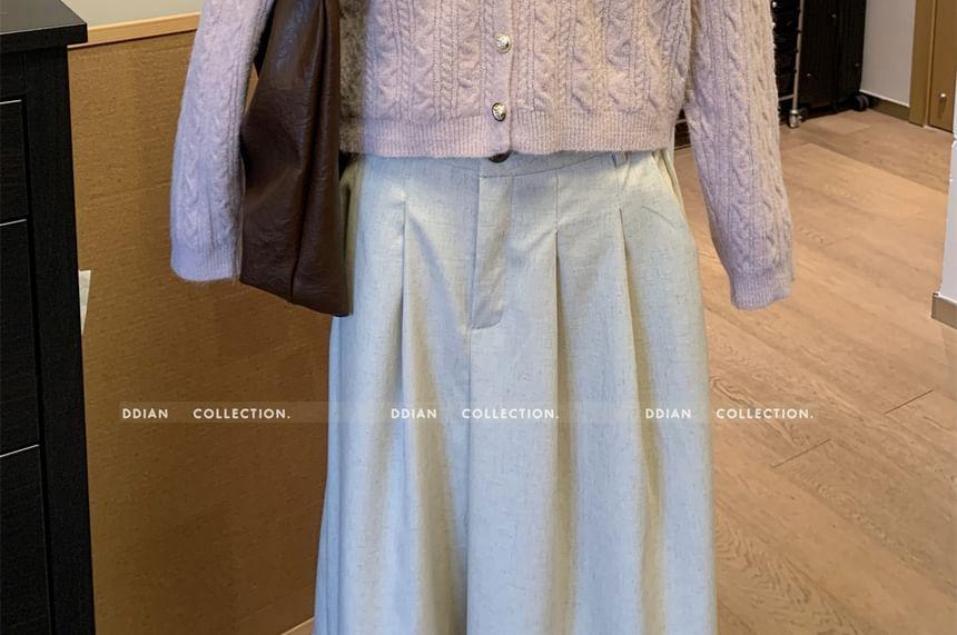 V-Neck Plain Cable Knit Button-Up Crop Cardigan Product Image
