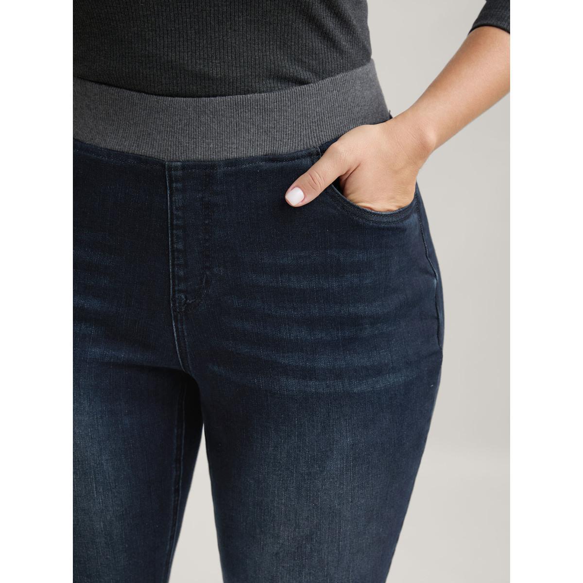 Plus Size Stretchy Whiskered Waist Skinny Knit Jeans Women Darkindigo Elegant Medium stretch Slanted pocket Jeans BloomChic 18/2X Product Image