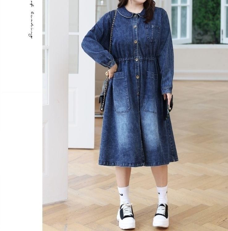 Plus Size Long-Sleeve Washed Denim Midi Shirt Dress Product Image