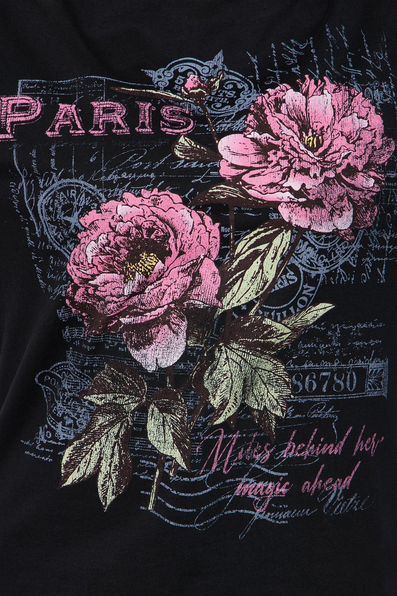 Paris Mood Flowers Washed Tee - Black Female Product Image