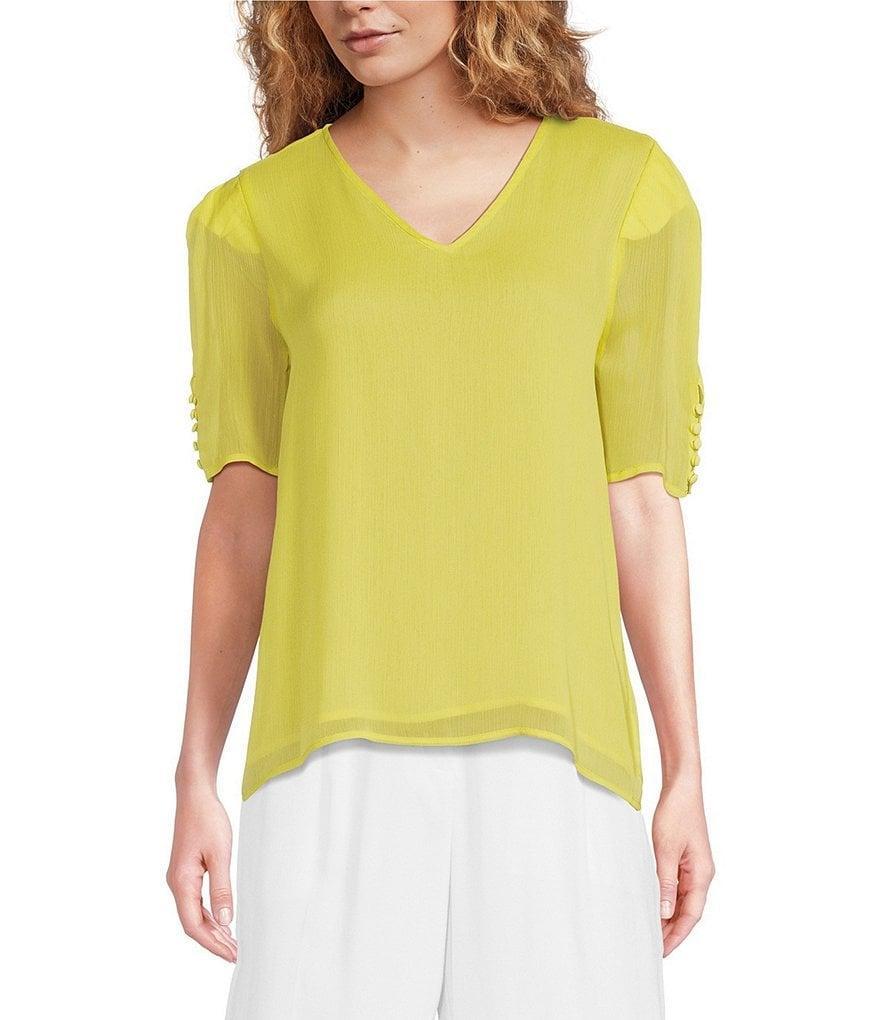 Calvin Klein Woven V-Neck Short Sleeve Button Detail Top Product Image