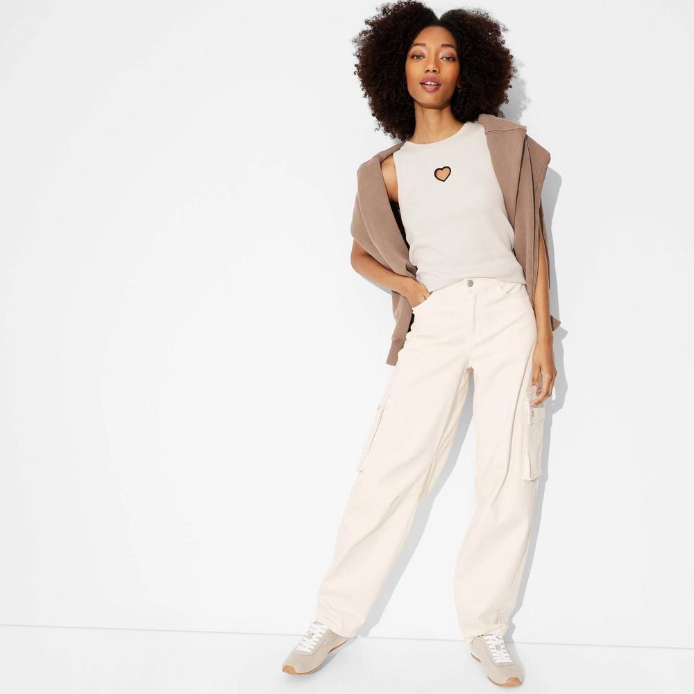 Women's Mid-Rise Barrel Cargo Pants - Wild Fable™ Off-White L: Relaxed Fit, Lightweight Woven Fabric, 32" Inseam Product Image