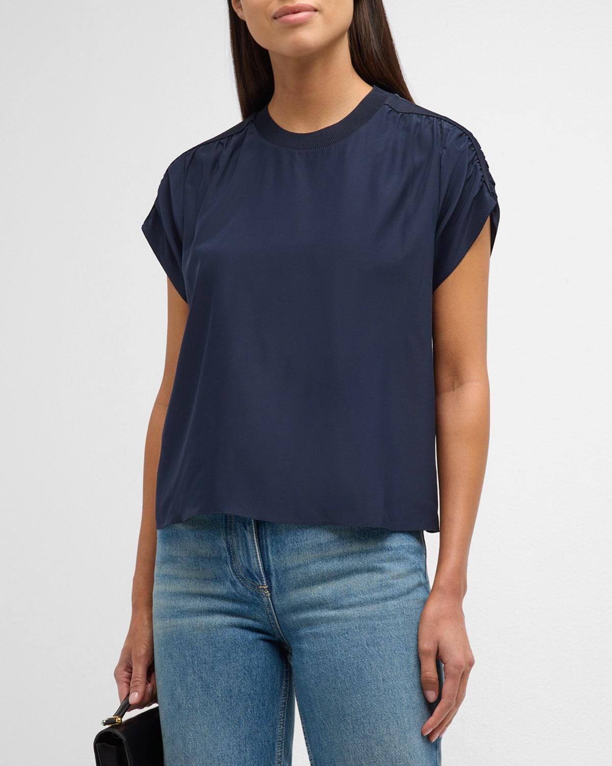 Lorainne Short Ruched-Sleeve Silk Top Product Image
