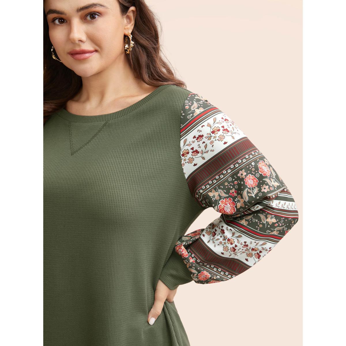 Plus Size Boho Print Patchwork Crew Neck Sweatshirt Women ArmyGreen Casual Elastic cuffs Round Neck Everyday Sweatshirts BloomChic 18-20/2X Product Image
