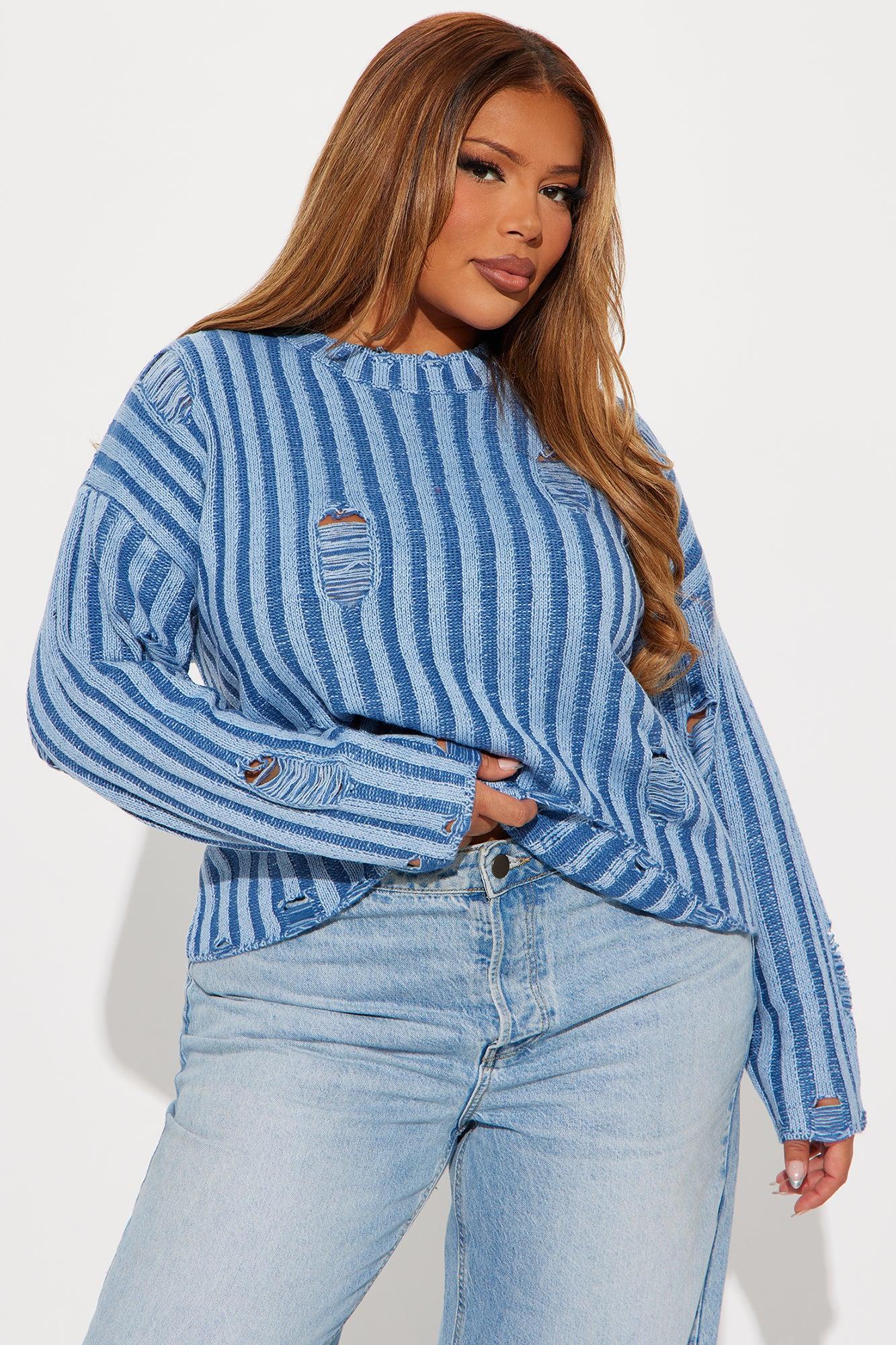 In A Mood Distressed Sweater - Blue Product Image