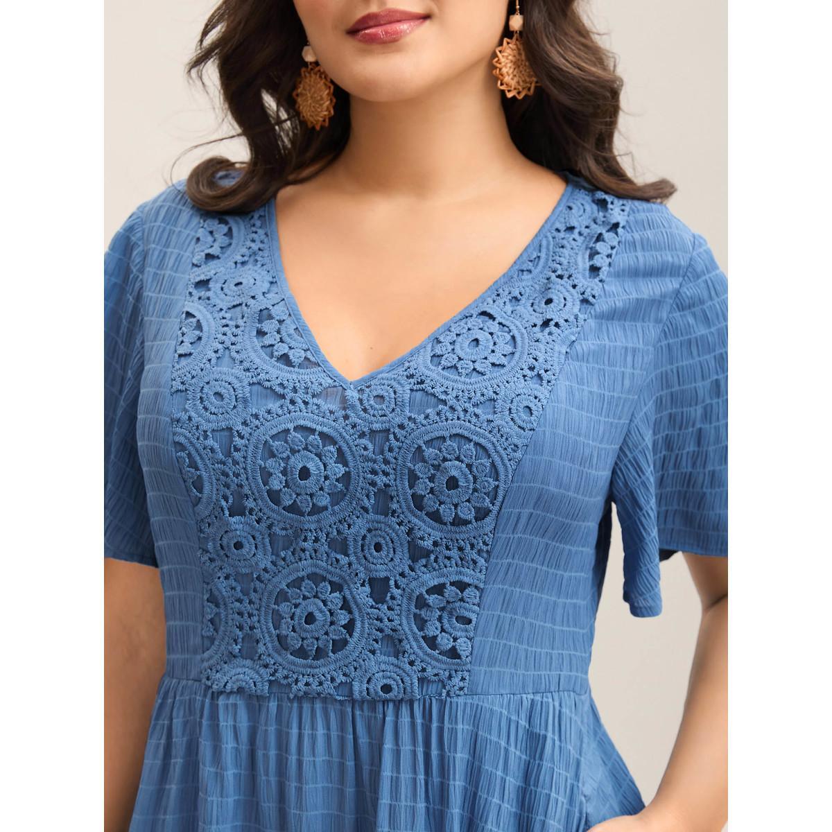 Plus Size Lace Textured Pockets Tiered Midi Dress Mediumblue Women V-neck Short sleeve Curvy BloomChic 12/L Product Image