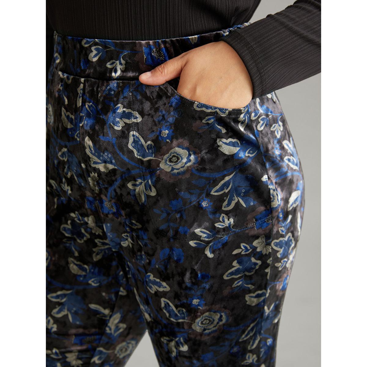 Plus Size Velvet Floral Elastic Waist High Rise Bootcut Pants Women Black Elegant Bootcut High Rise Dailywear Pants BloomChic 12/L Product Image