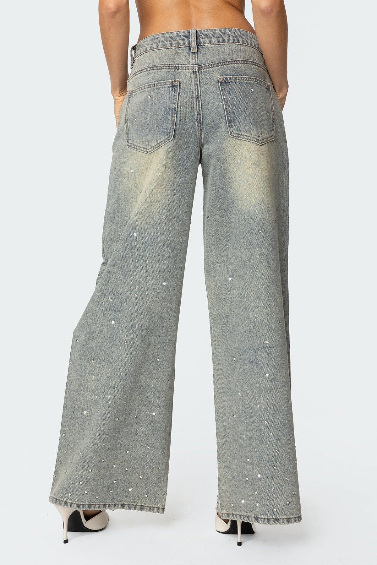 Rhinestone Low Rise Washed Jeans Product Image