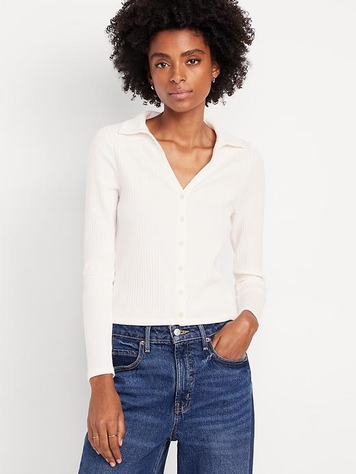 Slim Ribbed Button-Down Top Product Image