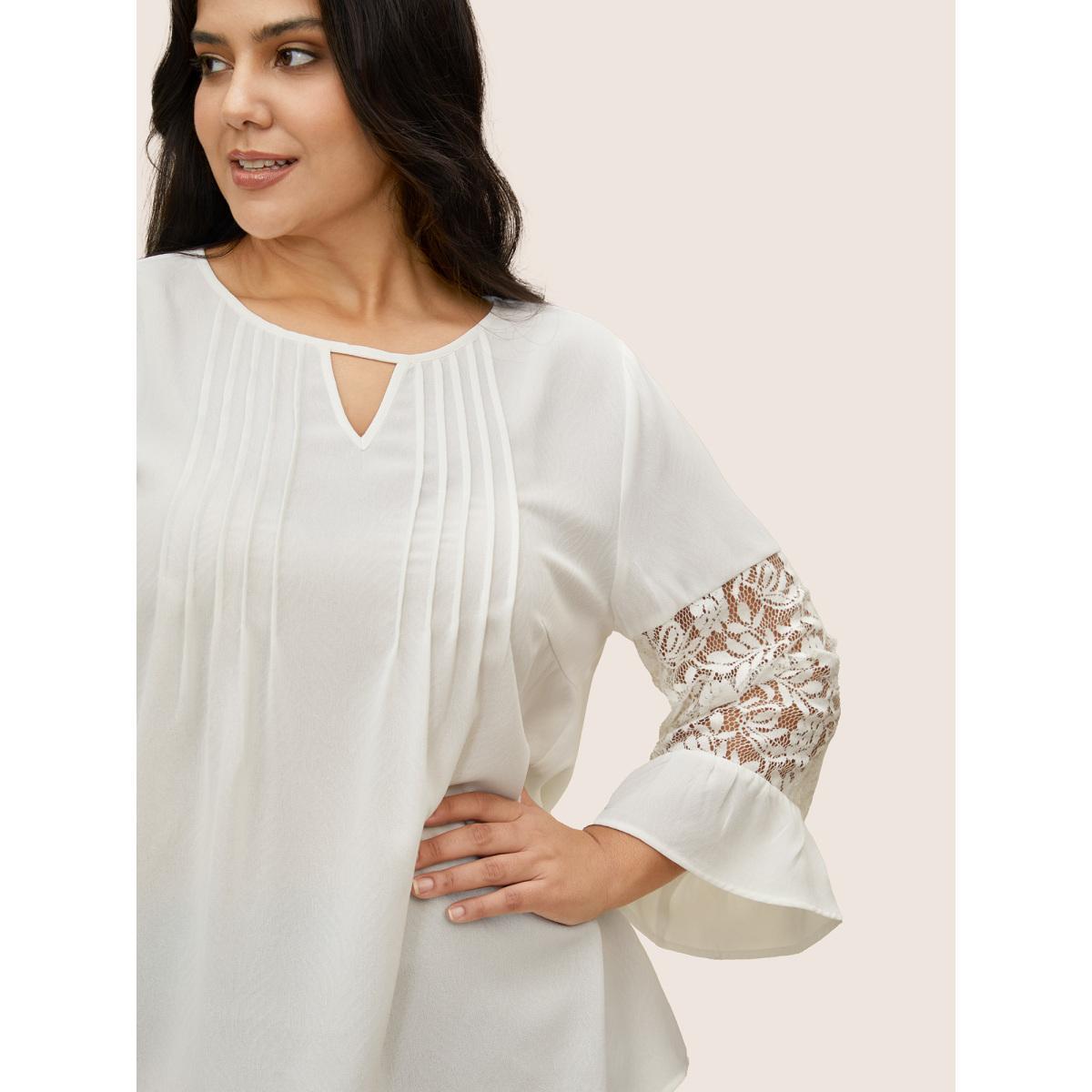 Plus Size White Crochet Lace Mesh Keyhole Pleated Blouse Women Elegant Elbow-length sleeve Notched collar Everyday Blouses BloomChic 26/4X Product Image