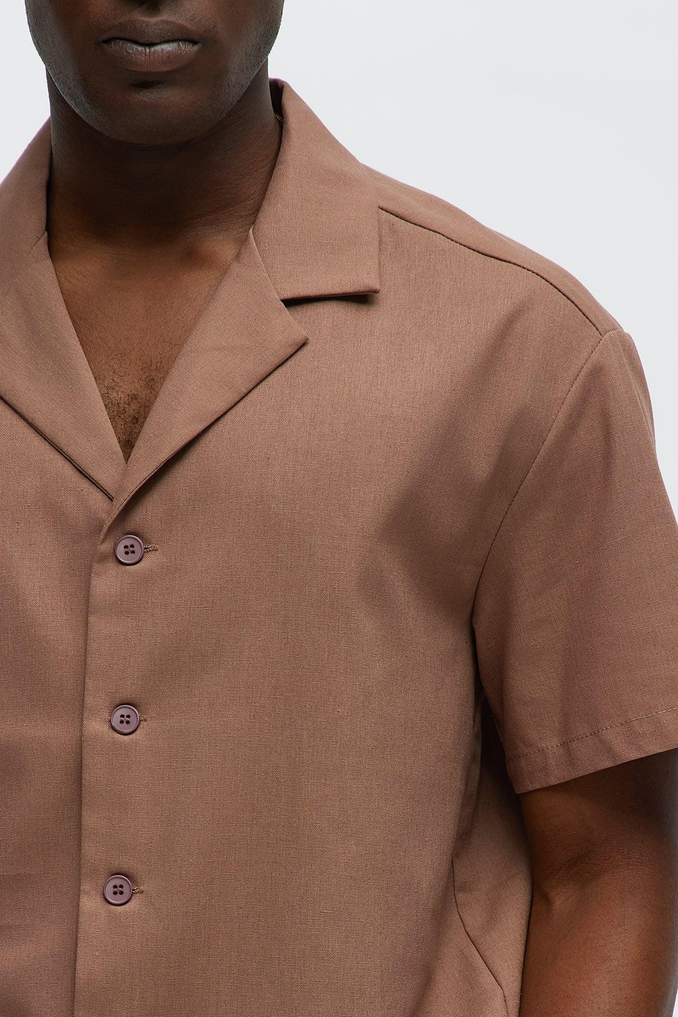 Chai Linen Like Cuban Collar Button Up Shirt - Brown Product Image