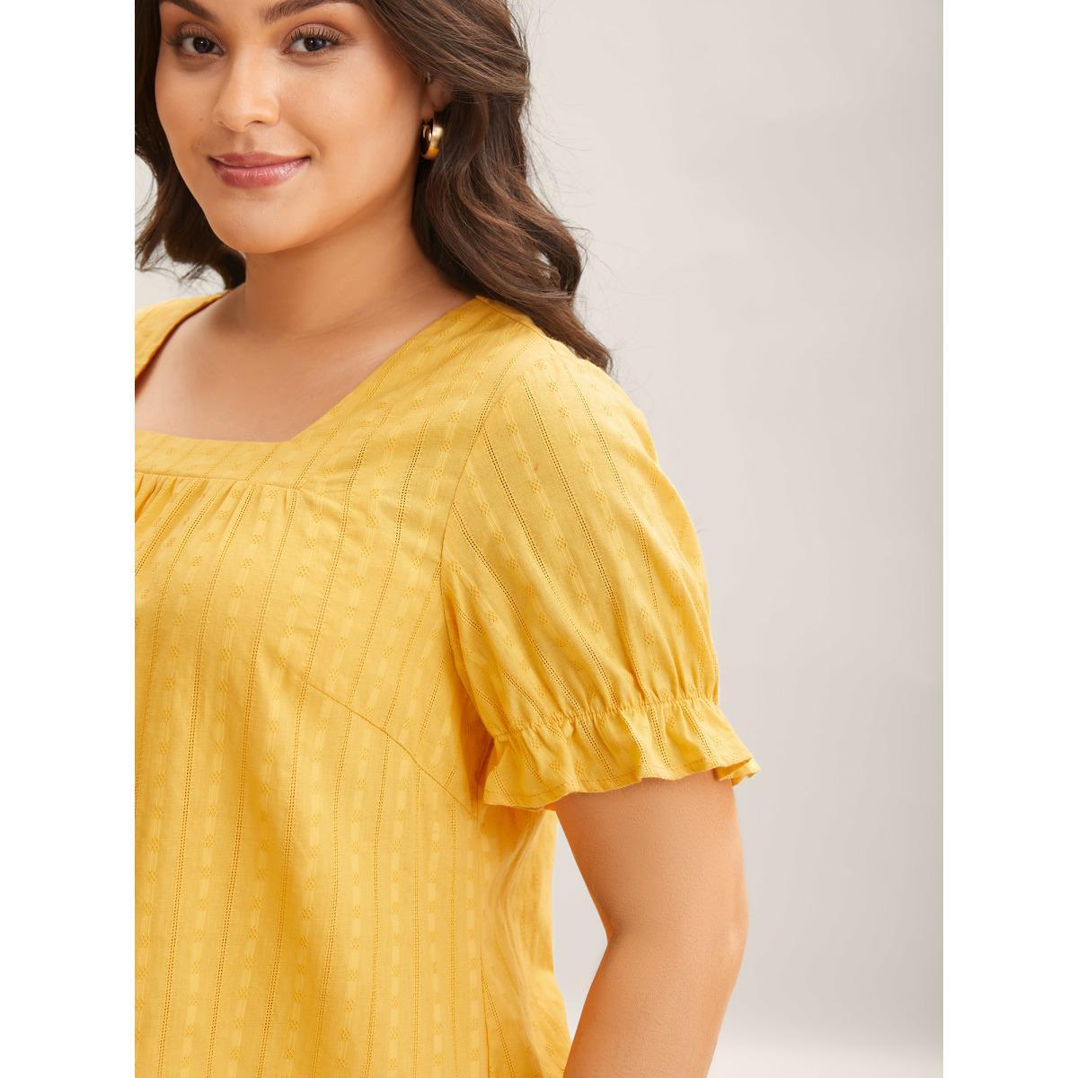 Plus Size Lemonyellow Cotton Square Neck Ruffled Sleeve Shirt Women Elegant Short sleeve Square Neck Everyday Blouses BloomChic 22-24/3X Product Image