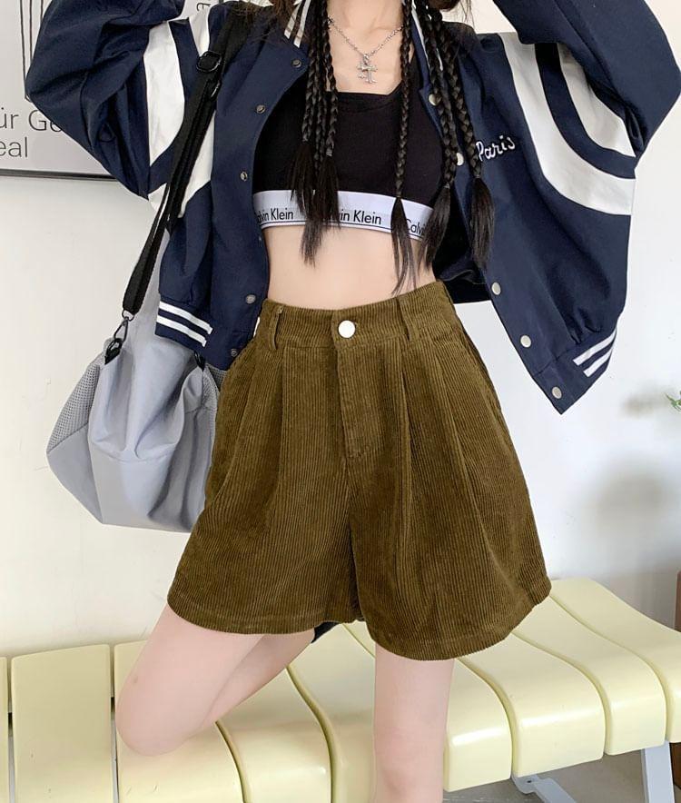 High Waist Plain Corduroy Wide Leg Shorts Product Image