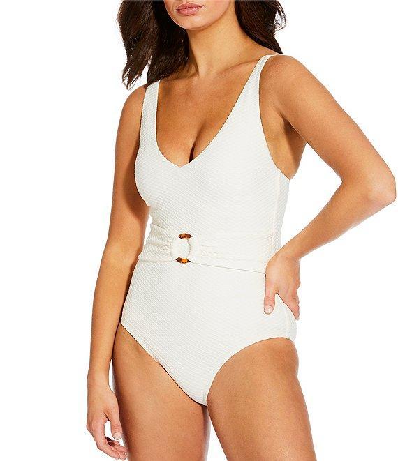 Alex Marie Diamond Textured Solid V-Neck Belted Tortoise Ring One Piece Swimsuit Product Image