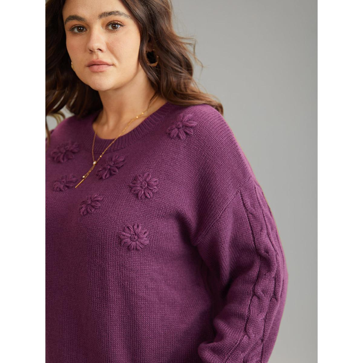 Plus Size Plisse Floral Solid Elastic Cuffs Pullover Purple Women Casual Loose Long Sleeve Round Neck Dailywear Pullovers BloomChic 28/5X Product Image