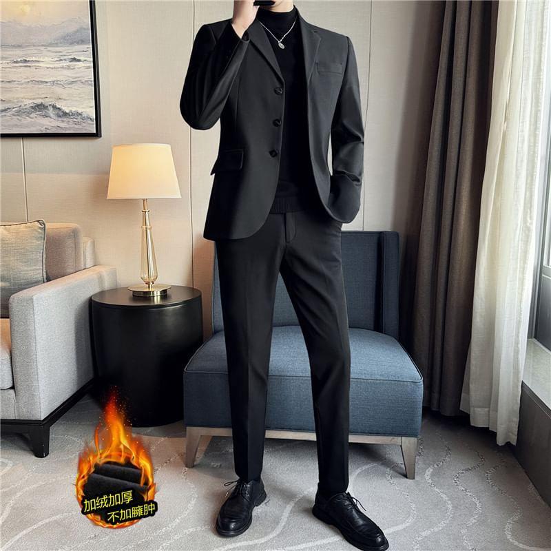 Plain Blazer / V-Neck Plain Button-Up Vest / High Waist Straight Leg Dress Pants / Set Product Image