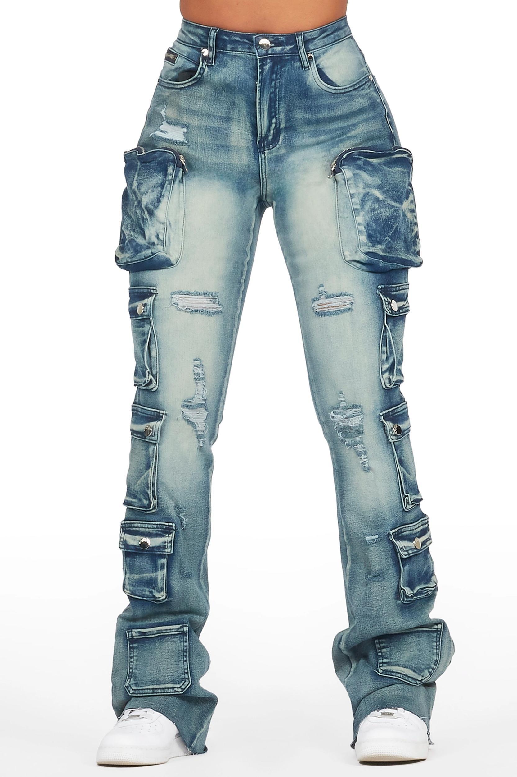 Octavie 2.0 Tinted Dark Wash Cargo Stacked Flare Jean Female Product Image