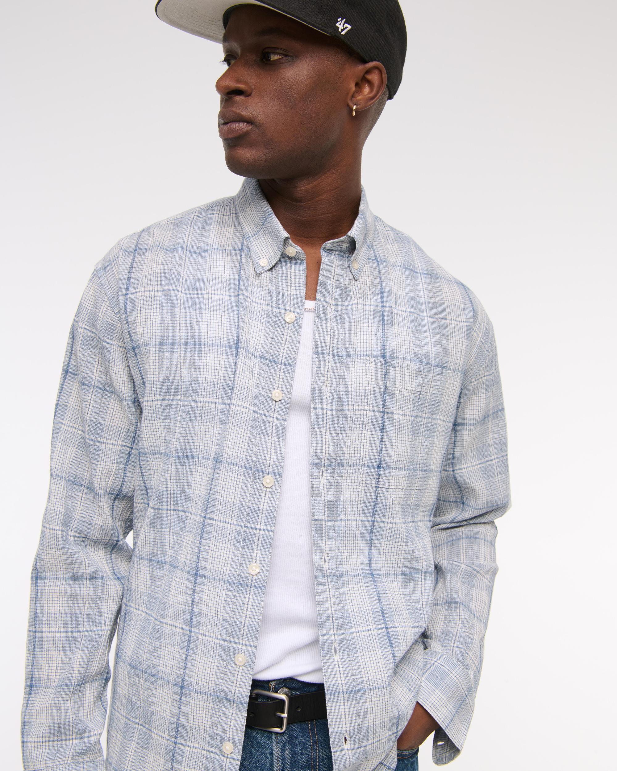 Long-Sleeve Textural Plaid Button-Up Shirt Product Image