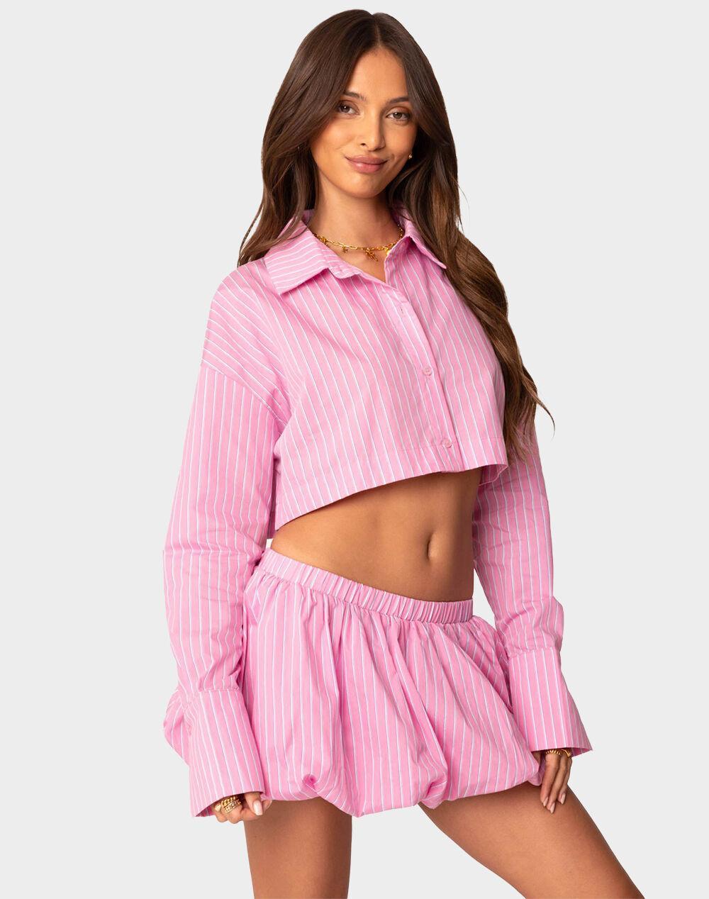 EDIKTED Hila Pinstripe Cropped Button Up Shirt Product Image