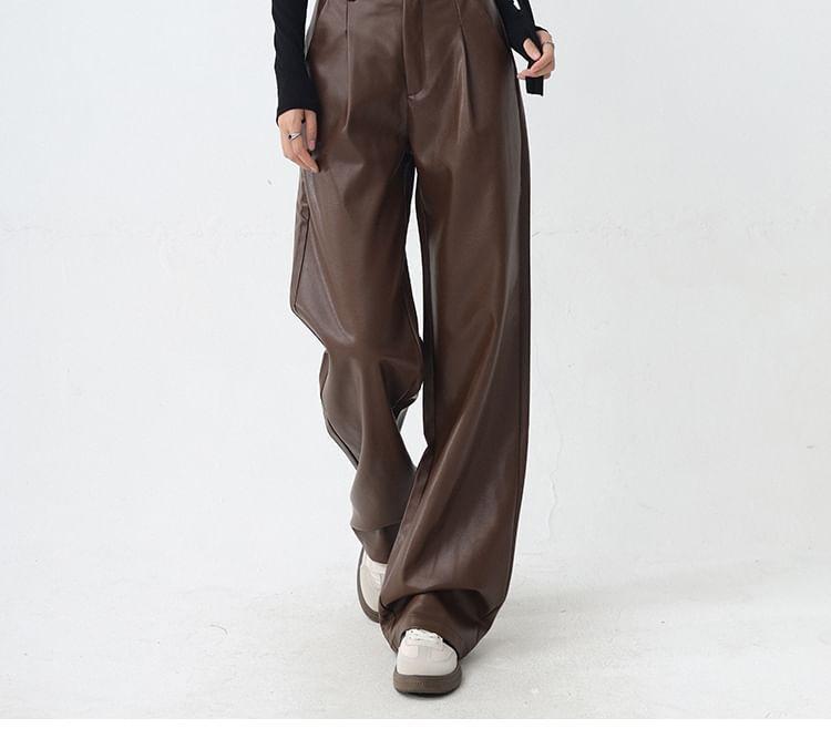 High Rise Plain Faux Leather Loose Fit Pants Product Image