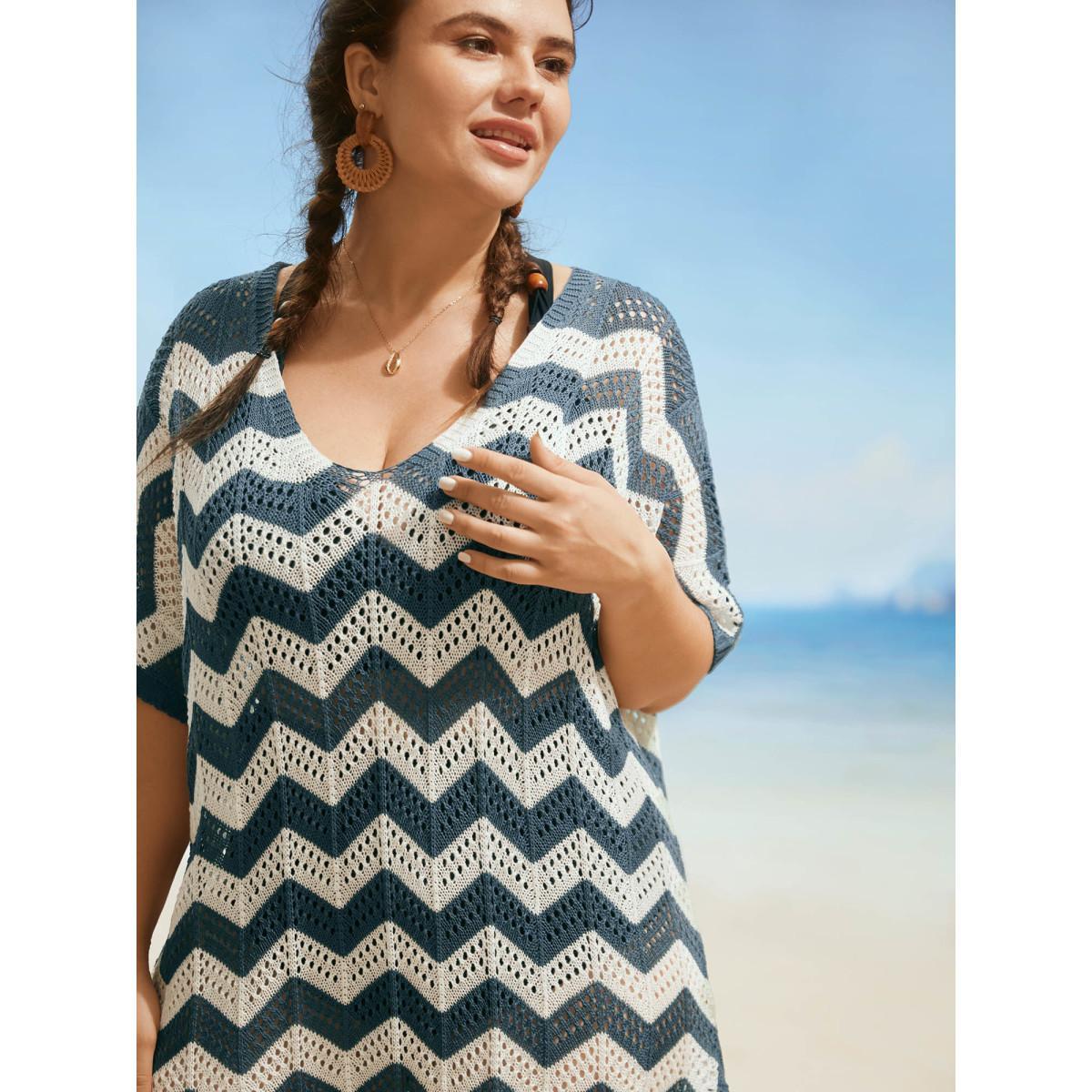 Plus Size Geometric Slit Hem Cut Out Swim Cover Up Women's Swimwear Indigo Beach Loose Contrast Curve Swim Cover Ups BloomChic 14-16/1X Product Image