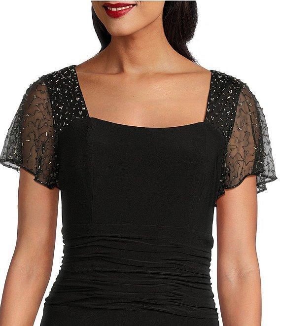 Ignite Evenings Short Flutter Sleeve Square Neck Ruched Sheath Dress Product Image