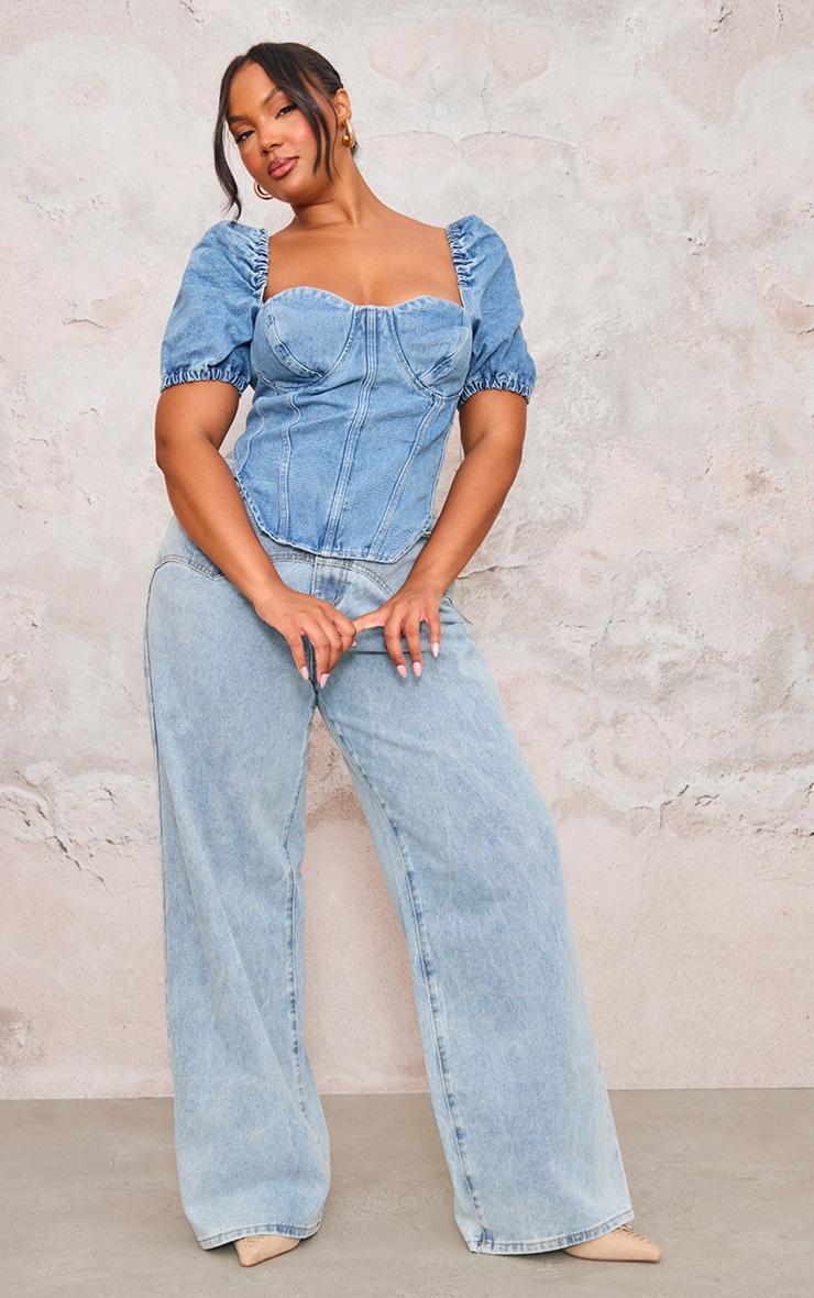Plus Mid Blue Wash Puff Sleeve Denim Corset Top Product Image