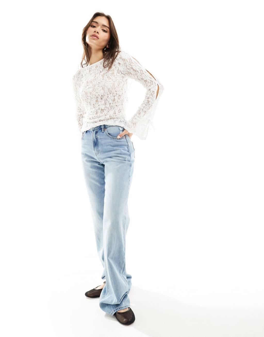 ASOS DESIGN slash neck lace top with bow detail in ivory Product Image