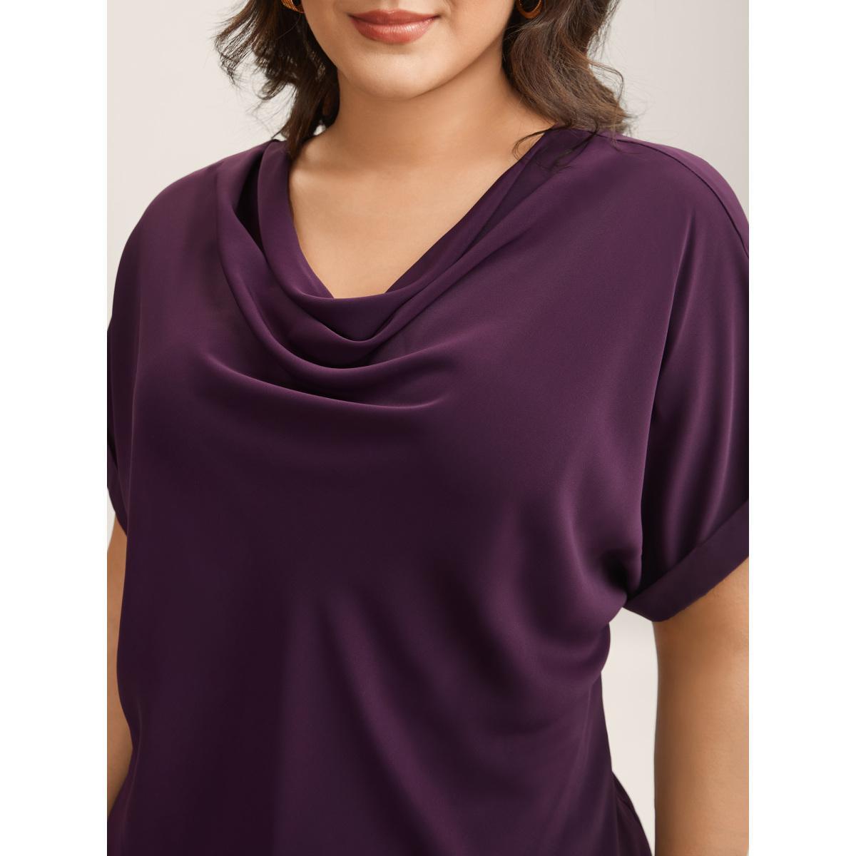 Plus Size Plum Cowl Neck Plain Dolman Sleeve Blouse Women Short sleeve Cowl Neck Work Blouses BloomChic 10/M Product Image