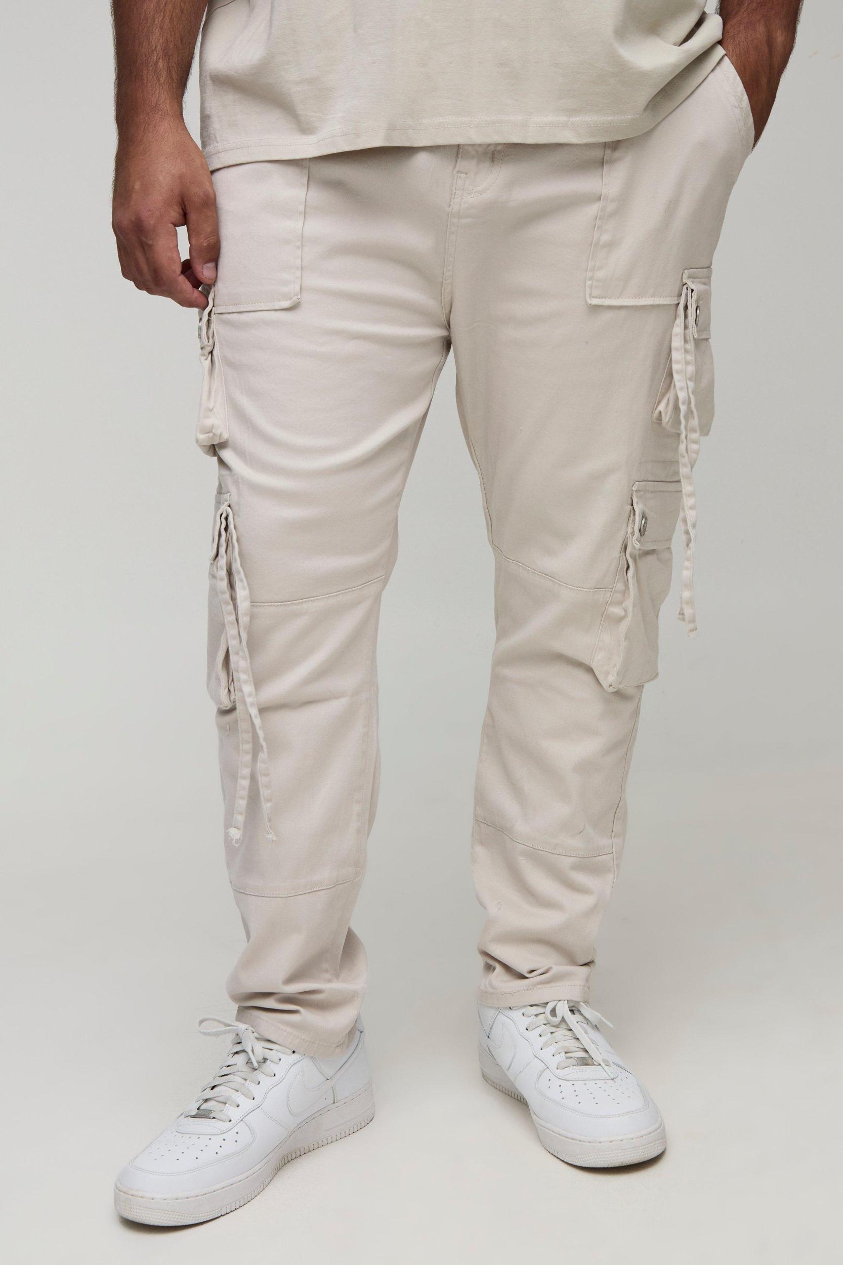 Plus Fixed Waist Multi Cargo Strap Detail Skinny Cargo Trousers | boohooMAN USA Product Image