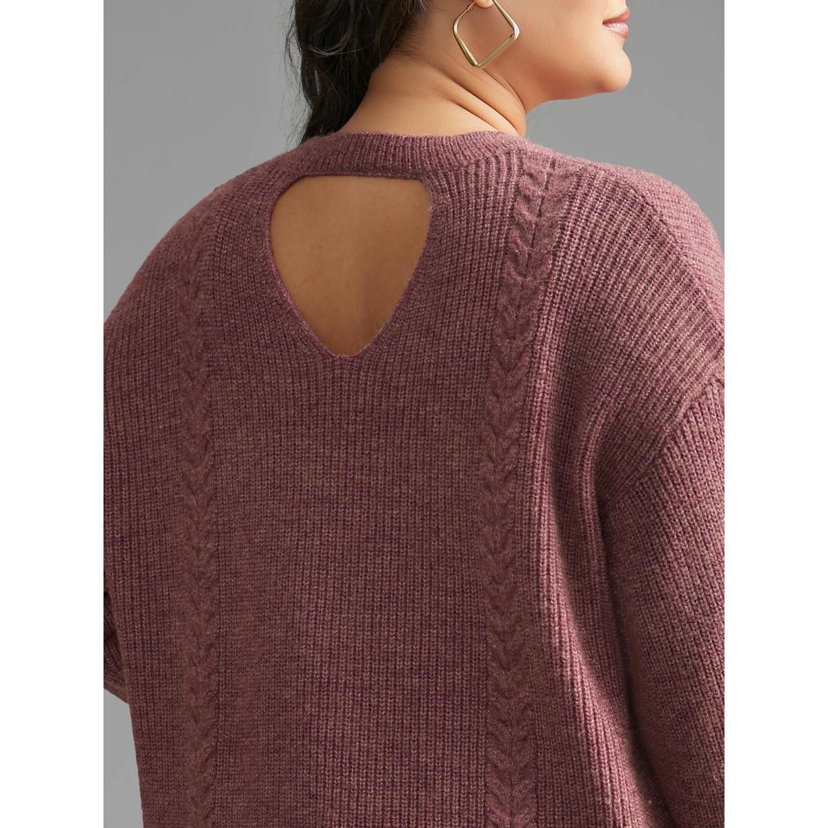 Plus Size Plain Textured Cable Knit Backless Pullover Lilac Women Casual Loose Long Sleeve Round Neck Everyday Pullovers BloomChic 30/6X Product Image