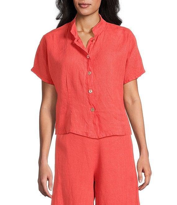 Bryn Walker Light Linen Mandarin Collar Short Sleeve Button Front Shirt Product Image