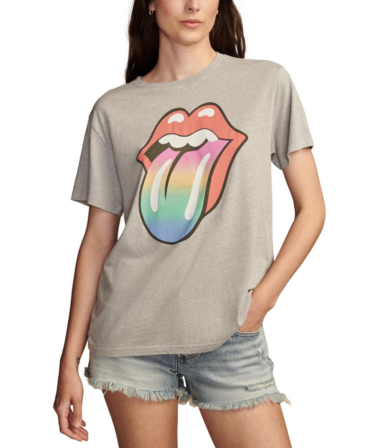 Lucky Brand Rolling Stones Rainbow Tongue Boyfriend Tee (Light Heather ) Women's Clothing Product Image