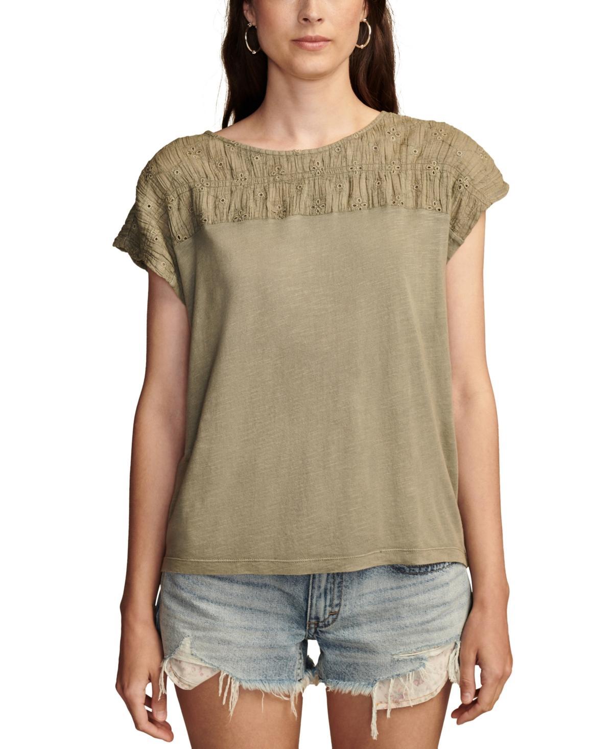 Lucky Brand Smocked Schiffly Mixed Dolman Tee (Coral Almond) Women's Clothing Product Image