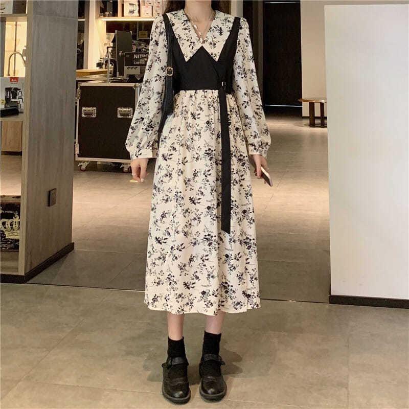 Long-Sleeve Collared Mock Two-Piece Floral Print Buckled Midi A-Line Dress Product Image