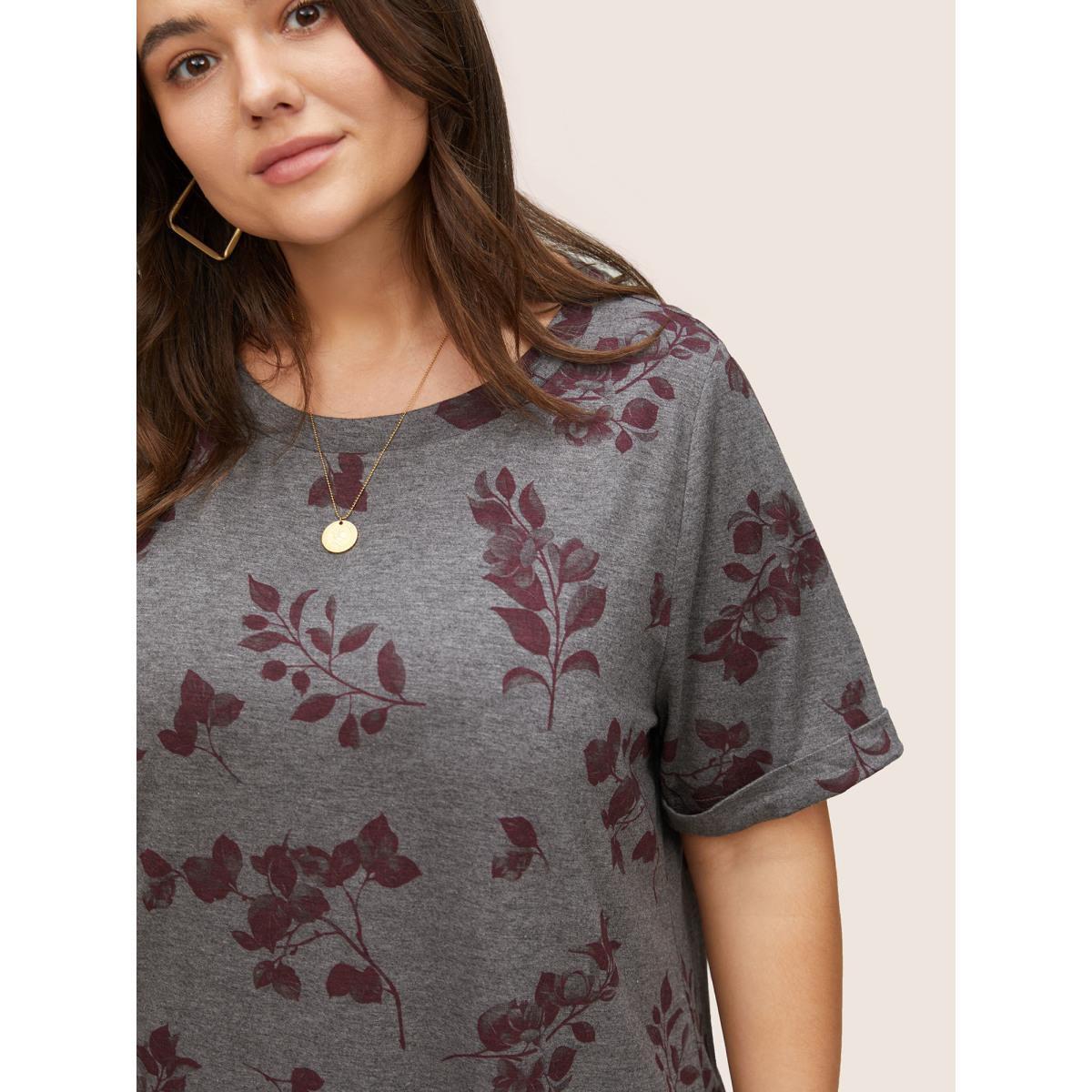 Plus Size Plants Print Roll Hem T-shirt DimGray Women Casual Non Plants Round Neck Everyday T-shirts BloomChic 12/L Product Image