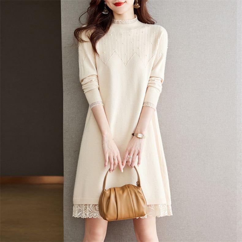 Long Sleeve Mock Neck Plain Faux Pearl Panel Lace Knit Mini A-Line Dress Product Image