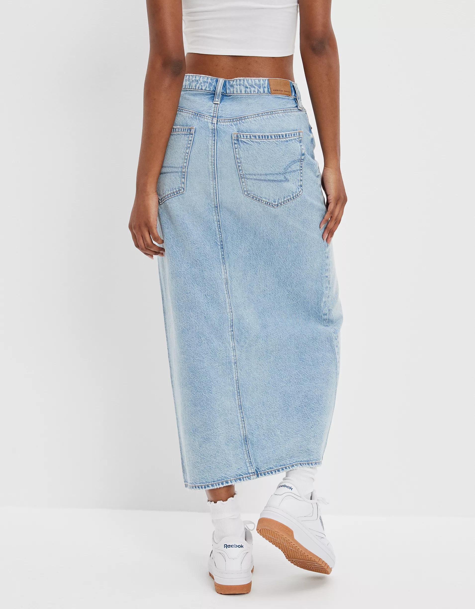 AE Dreamy Drape Low-Rise Denim Maxi Skirt Product Image