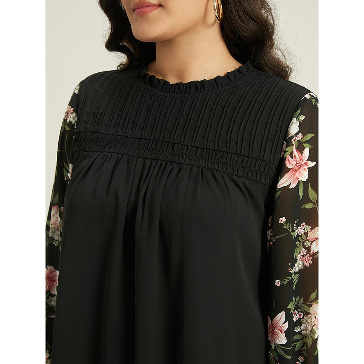 Plus Size Black Twill Floral Patchwork Shirred Mesh Frill Trim Blouse Women Elegant Long Sleeve Stand-up collar Dailywear Blouses BloomChic 22-24/3X Product Image