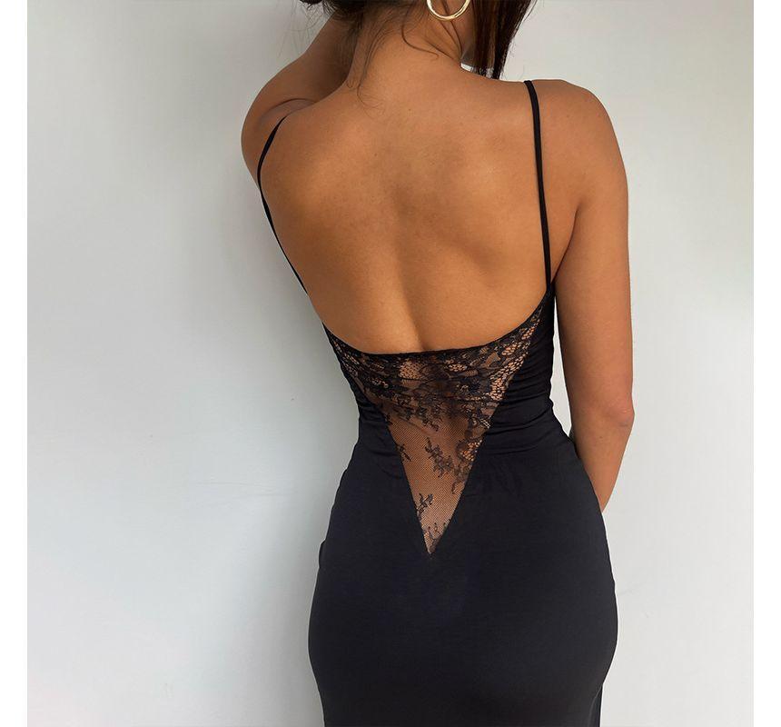 Spaghetti Strap Mesh Panel Slit Maxi Bodycon Dress Product Image